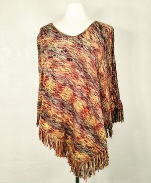 Womans brown knit poncho with fringe autumn leaf colors OSFM L/XL